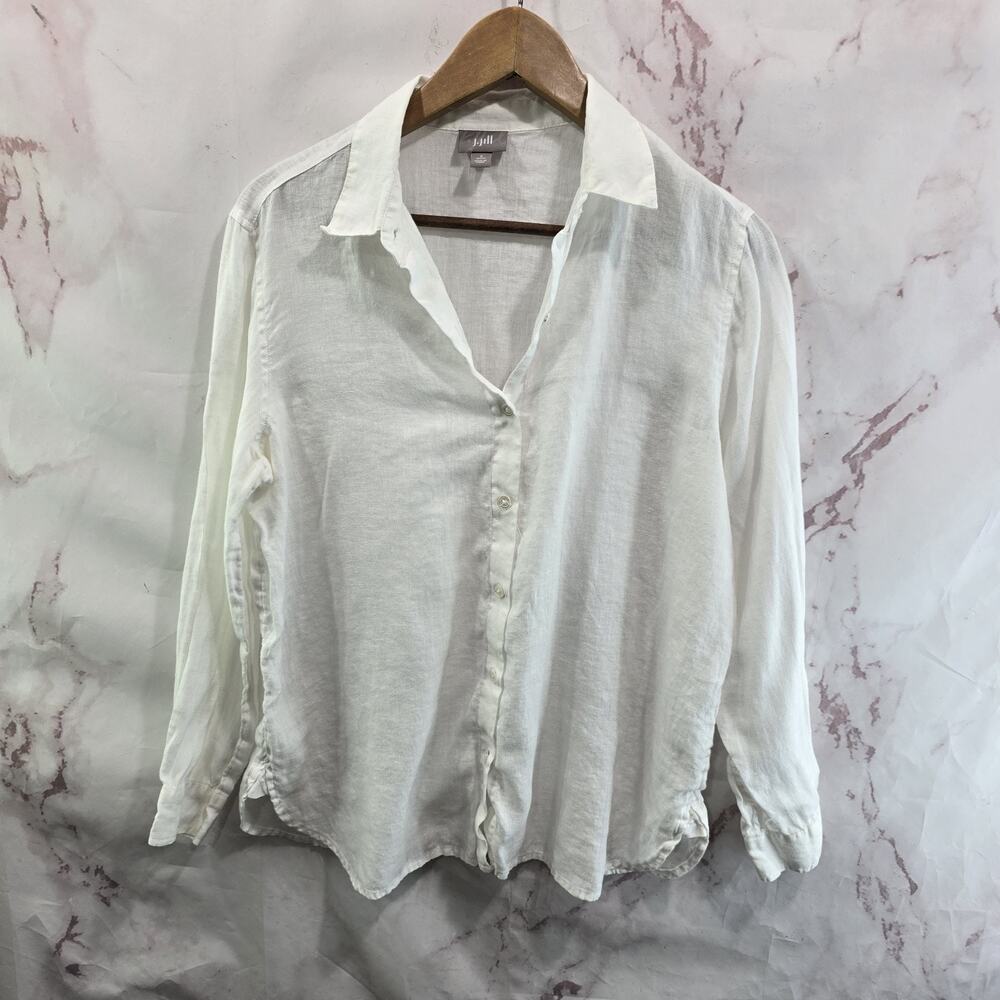 J Jill Shirt Womens Small Petite White Linen Long Sleeve Button Up Cover Up